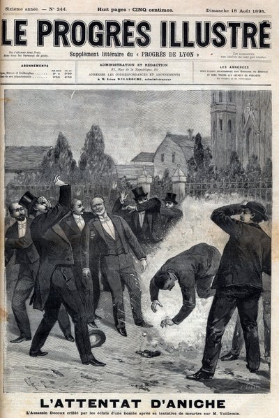 Mördaren Clement Decoux är offer för sitt försök till attack mot Emile Vuillemin (1822-?), chef för Aniches gruvor, som firar dagen den 4 augusti 1895, hans femtioårsjubileum i spetsen för kolproduktionen - gravyr i "Le Progres" illust av Unknown artist