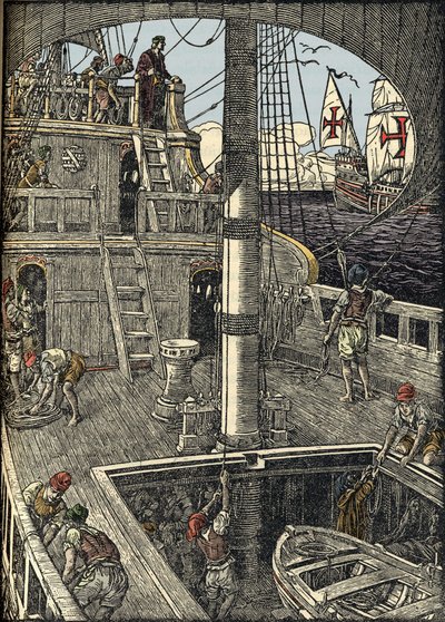 Navigatören Christopher Columbus (1451-1506) ombord på sin karavel. av Unknown artist
