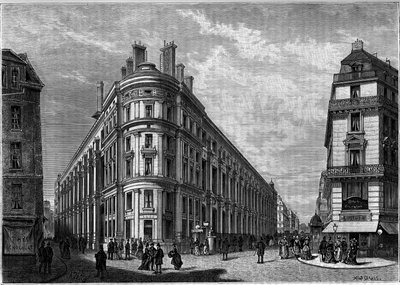 Det nya Hotel des Postes på Rue du Louvre i Paris efter dess återuppbyggnad. Gravyr i journalen ""Ungdom"" av Unknown artist