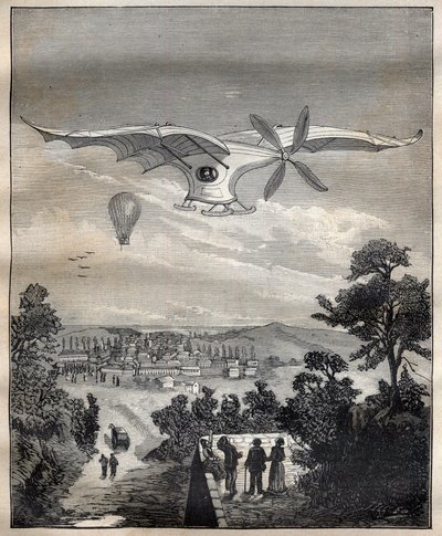 De nya aerostaterna: fågeln från Clement Ader (1841-1925), Eole, under ett experiment i parken Eugene Pereire nära Paris 1891, skulle den ha flugit 15 m över marken - Gravyr i "La Science francaise" av Unknown artist