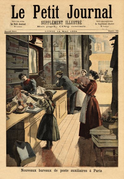 De nya extra postkontoren i Paris, några förhandlare öppnar en postdisk, parallellt med deras kommersiella verksamhet. Gravyr i "" Le petit journal"" 1894-05-14. Selvas samling. av Unknown artist