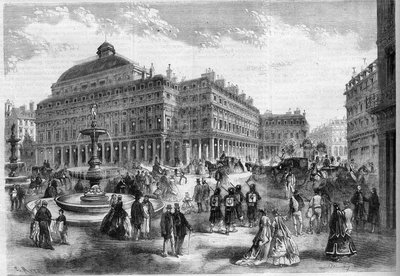 Den nya platsen för den franska teatern (Comedie Francaise) med fontänerna projicerade vid Palais Royal (Palais Royal) i Paris. Gravyr i "" L