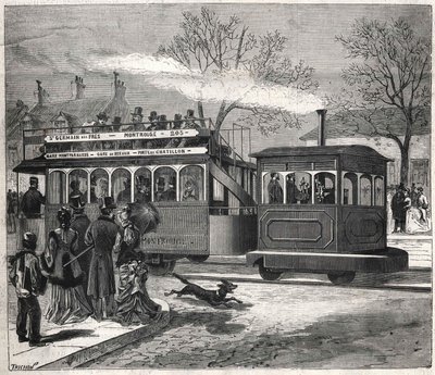 De nya ångspårvagnarna i Paris 1876 körde på linjen Saint - Germain - des - Prés vid dörren till Chatillon, gravyr Bianchetti samling. av Unknown artist