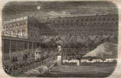 Middagspistolen (solkanonen) vid Palais Royal (Palais-Royal) i Paris. Gravyr från 1857 i "" Le Musee Des Sciences"" av Unknown artist