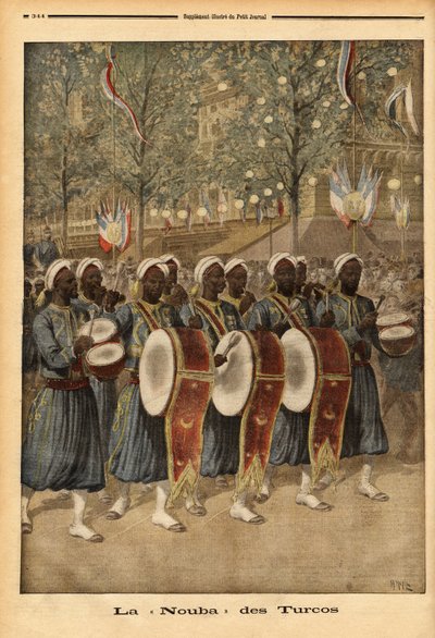 Nuba i Turcos i Algeriet, går genom Paris gator. Gravyr i "" Le petit journal"" 1896-10-25. Selvas samling. av Unknown artist