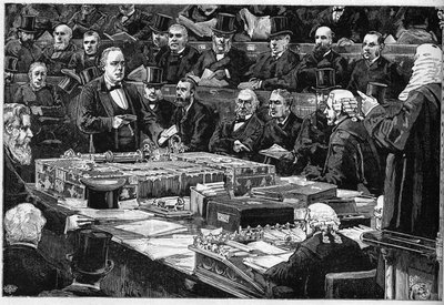 Den engelske deputerade Charles Bradlaughs (1833-1891) ed till underhuset den 21 februari 1882, en militant för ateism, vägrade han att avlägga den traditionella religiösa ed som var nödvändig för att ockupera hans plats i parlamentet. Han representerar hä av Unknown artist