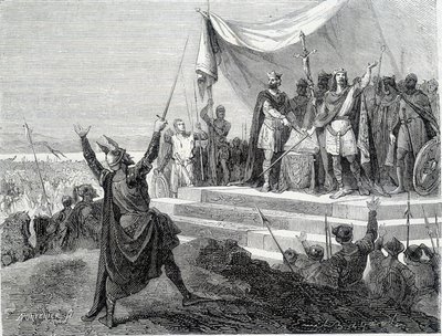 De två brödernas ed före deras rustning: Karl II den skallige och Ludvig II germanen avlägger eden mot Lothaire I (Ederna från Strasbourg 842). Gravyr av 1800-talet. av Unknown artist