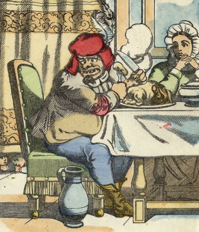 Ogren vid bordet känner närvaron av lille Poucet och hans bröder. Illustration av berättelsen "" Le Pepetit Poucet"" av Charles Perrault av Unknown artist