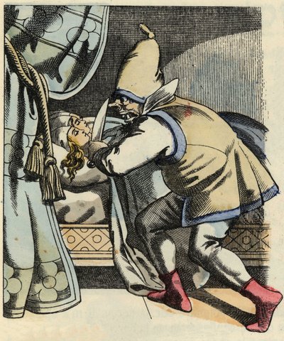 Ogren skär i huvudet på sina sju döttrar och funderar på att döda den lilla Poulet och hans bröder. Illustration av berättelsen "" Le Petite Poucet"" av Charles Perrault av Unknown artist
