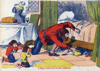 Ogren upptäcker barnen. Illustration till "" Le Pepetit poucet", berättelse av Charles Perrault (1628-1703), fransk författare. Anonym illustration. Bildmaterial Marcel Vagne, Jarville Nancy, odaterat (slutet av 1800-talet). av Unknown artist