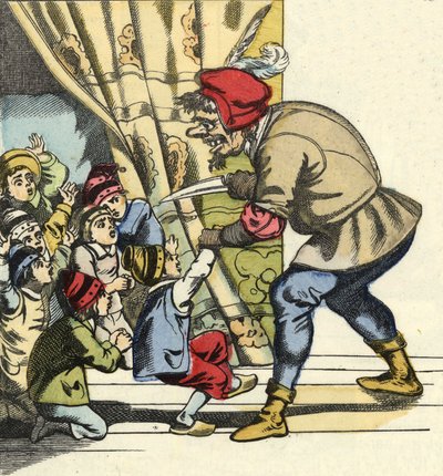 Ogren tar ett barn med avsikt att sluka henne. Illustration av berättelsen "" Le Pepetit Poucet"" av Charles Perrault av Unknown artist
