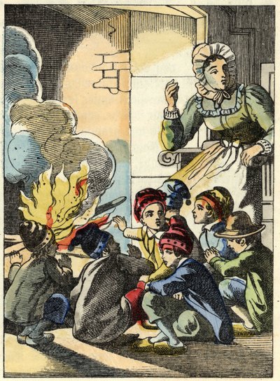 Ogres fru värmer Lilla Poucet och hans bröder med en eld. Illustration av berättelsen "" Le Pepetit Poucet"" av Charles Perrault av Unknown artist