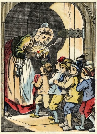 Ogrens fru öppnar dörren till den lilla fickan och hans bröder. Illustration av berättelsen "" Le Pepetit Poucet"" av Charles Perrault av Unknown artist