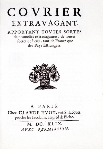Den av "" Courier extravaganta som ger alla möjliga extravaganta nyheter, från alla möjliga platser, både från Frankrike och från Pays Etrangers", i Paris Chez Claude Huot av Unknown artist