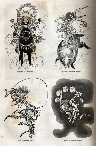 Pantheon av japanska gudomliga: traditionell representation av några typiska figurer: ridningens beskyddare; Marisiten, krigsguden; Futen, vindarnas gud; Raiden, åskguden. Gravyr för att illustrera resan till Japan 1863-1864, av av Unknown artist