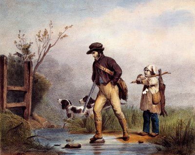 Passagen har jägare som korsar ett vattendrag till fots. Litografi av 1800-talets Gien, jaktmuseum av Unknown artist