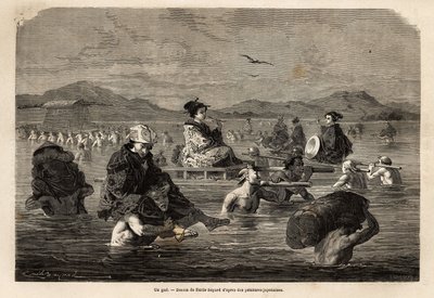 Passage av en gue, med presentation av sätten att transportera passagerare och bagage. Gravyr för att illustrera resan till Japan, 1863-1864, av Aime Humbert, minister för Schweiziska edsförbundet, i "" Le tour du monde, nouveau journal des voyages" av Unknown artist