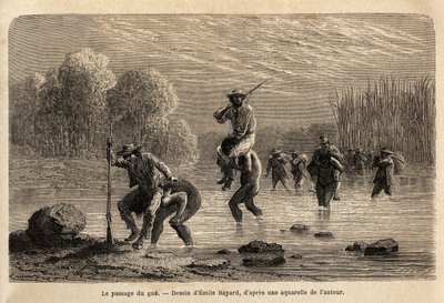 Passagen av gue, Siriniris-indianerna, föreslår spontant att de ska fortsätta expeditionens medlemmar för att få dem att korsa dammarna som bildas vid foten av berget Basiri (Peru). Gravyr för illustrrer le voyage dans les vall av Unknown artist