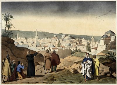 Pelerinerna anländer till staden Jerusalem. Anonym gravyr från mitten av 1800-talet - i "" Stora familjekatekesen"". av Unknown artist