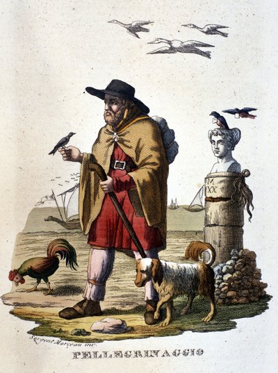 Pilgrimsfärden: en pilgrim på vägen till Santiago de Compostela. av Unknown artist