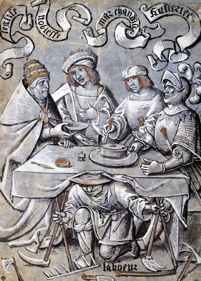 Påven, adeln, köpmännen och armén planerar på folkets rygg (en bonde) - Antipapistisk serie av Unknown artist