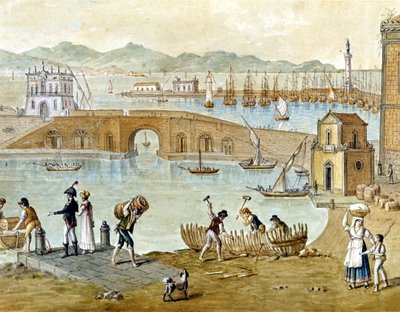 Hamnen i Neapel och Santa Lucia runt 1800: resenärer förbereder sig för att lämna och snickare bygger en båt. Vattenfärg. av Unknown artist