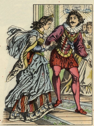 Prinsen bjuder Askungen att dansa. Illustration av Charles Perraults berättelse "Askungen eller La petite slipper de verre" av Unknown artist