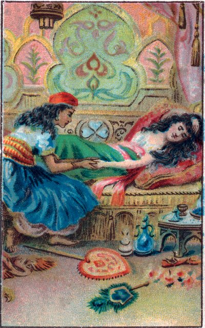Prinsessfakta. Saga "" Berättelsen om den förtrollade hästen"" i "De tusen och en natt" (de 1001 nätterna eller Le mille e una notte, Arabiska nätter). Kromolitografi från slutet av 1800-talet. av Unknown artist