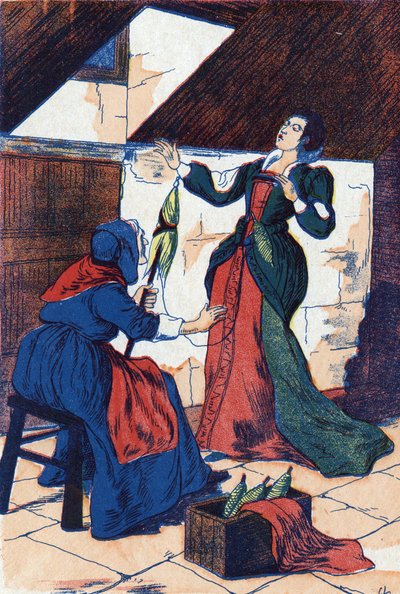 Prinsessan sticker hål i sin hand och somnar. Anonym illustration för "La belle au bois dormant", berättelse av Charles Perrault (1628-1703), fransk författare. Bildspråk Marcel Vagne, Jarville Nancy, odaterad (slutet av 1800-talet). av Unknown artist