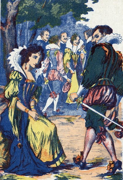 Prinsessans dårskap satte hovmännen undan. Anonym illustration till "Riquet à la houppe", berättelse av Charles Perrault (1628-1703), fransk författare. Bildspråk Marcel Vagne, Jarville Nancy, odaterad (slutet av 1800-talet). av Unknown artist