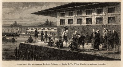 Kajen och lagren av risbutiker i Taikoun (tidens suverän av Japan), vid Ogawafloden (som korsar Edo, dagens Tokyo). Gravyr för att illustrera resan till Japan, av Aime Humbert, minister för Schweiziska edsförbundet, 1863-1864, publicerar av Unknown artist