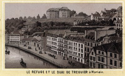 Tillflykten och kajen i Treguier i Morlaix (Finistere, regionen Bretagne). Kromolitografi från slutet av 1800-talet. av Unknown artist