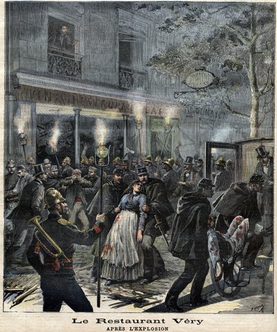 Restaurangen Very (24 Boulevard Magenta i Paris) efter explosionen orsakad av attacken av anarkisten Francois Koenigstein dit Ravachol (1859 - 1892) den 30 mars 1892. I "" The Petity Journal" av Unknown artist