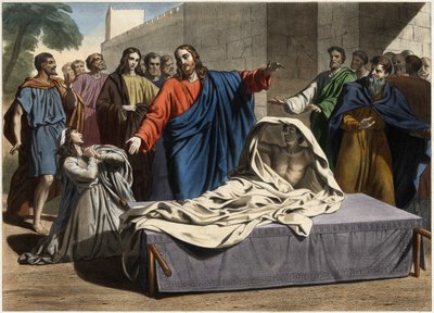 Uppståndelsen av sonen till änkan i Nain: Jesus Kristus uppväckte änkans ende son. Gravyr från mitten av 1800-talet. av Unknown artist