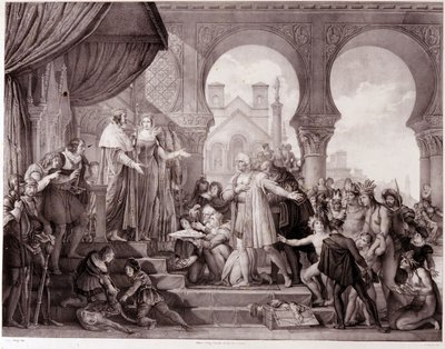 Christopher Columbus återkomst till Spanien före kung Ferdinand II av Aragon och Isabella 1:a av Kastilien (kallad katolik) efter att ha upptäckt Amerika. Gravyr av 1800-talet. av Unknown artist