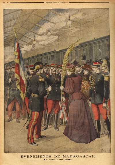 Överste Brice Bizots 200:e regemente (1848-1929) återvände till Port Vendor, där damerna i Perpignan gav dem en trefärgad palm för att fira deras hjältemod. Gravyr i "" Le petit journal"" 1896-01-05. Selvas samling. av Unknown artist