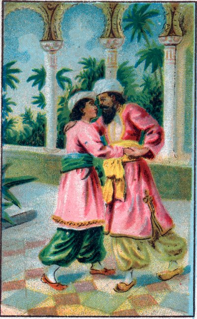 Prinsens återkomst. Saga "" Berättelsen om den förtrollade hästen""" i "" De tusen och en natt""" (de 1001 nätterna eller Le mille e una notte, Arabian Nights). Kromolitografi från slutet av 1800-talet. av Unknown artist