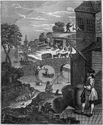 Det löjliga perspektivet Satirisk illustration av William Hogarth (1697-1764) som hånar konsten att perspektiv av målare genom att föreslå plana nivåer av objekt och personer omöjliga i verkligheten på grund av avstånd. av Unknown artist