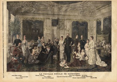 Den danska kungafamiljen, som sitter i centrum, drottning Louise av Hessen-Kassel (1817-1898) och kung Christian IX av Danmark (1818-1906) fick smeknamnet "Europas stilige fader" eftersom han gifte flera av sina barn med arvtagare av den stora kungliga f av Unknown artist