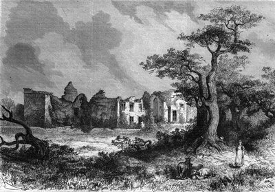 Ruinerna av Chateau de la Mailleraye nära Parthenay, departementet Deux-Sevres (Deux Sevres) i regionen Poitou-Charentes (Poitou Charentes). Gravyr i ""The Illustrious Universe"" av Unknown artist