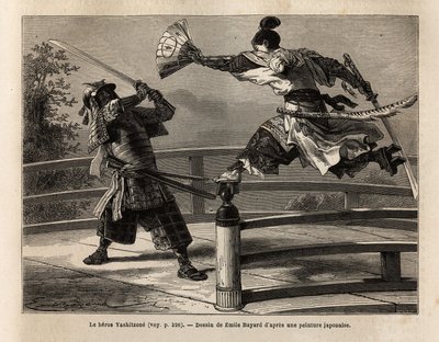 Samurajen Yashitsune i balans på barriären av en bro, attackerar en samuraj i rustning. Gravyr för att illustrera resan till Japan, 1863-1864, av Aime Humbert, minister för Schweiziska edsförbundet, i "" Le tour du monde, nouveau journal des voyages" av Unknown artist