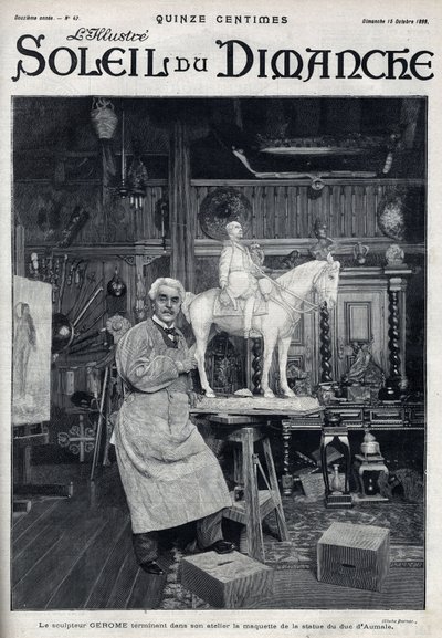 Skulptören Jean Leon (Jean-Leon) Gerome (1824-1904) avslutar i sin ateljé modellen av statyn av hertigen av Aumale - Gravyr i "" Le sun-du-dimanche"", 15 oktober av Unknown artist