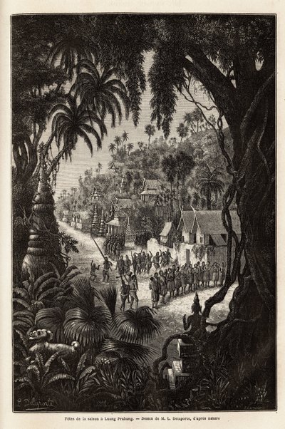 Säsongsfirandet i Luang Prabang, kunglig huvudstad i Lan Xang (miljonelefanternas rike) (dagens Laos), bestående av en procession av invånarna och en pagod för tillbedjan i hela staden. Gravyr för att illustrera en upptäcktsresa av Unknown artist