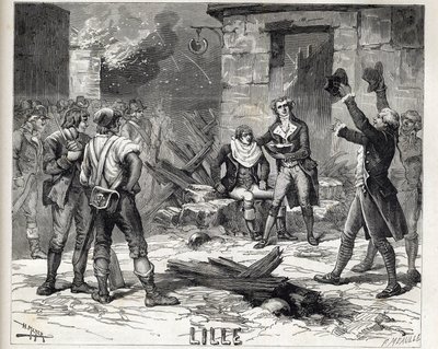 Lilles rakskål. En episod från belägringen av Lille 1792 under de franska revolutionskrigen - Siege de Lille 1792: Maes peruk använder en bombsprängare som skäggskål för att raka en klient - av Unknown artist