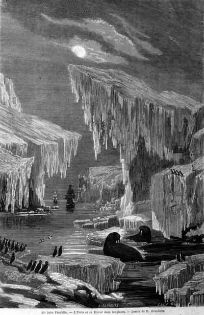 Fartygen "Erebus" och "Terror" under expeditionen ledd av Sir John Franklin (1786-1847), in i isen. Gravyr av 1800-talet av Unknown artist