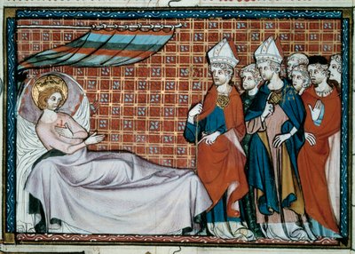 Den sjuke kungen av Frankrike Saint Louis (Louis IX) (1214-1270) tilltalar sina släktingar och prästerskapet. Miniatyr från ett manuskript "Life and Miracles of Saint Louis" av William av Saint Pathus av Unknown artist