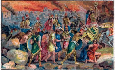 Belägringen av staden Jerusalem av kungen av Babylon Nebukadnessar II (v. 630 f.Kr.-562 f.Kr.) 586 f.Kr. och förstörelsen av Jerusalems stad och tempel. Kromolitografi från slutet av 1800-talet. av Unknown artist