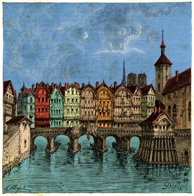 Den lilla bron som senare var Pont au Change i Paris under medeltiden, gravyr 1800-talet av Unknown artist