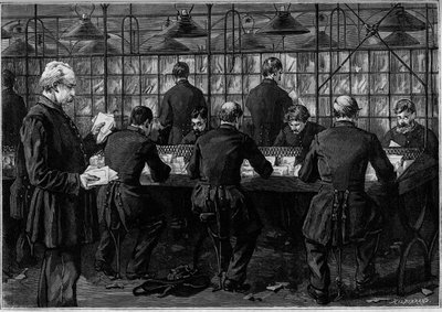 Sortering av korrespondens på ett kontor på Hotel des Postes i Rue du Louvren i Paris. Gravyr i journalen "" La jeunesse"" av Unknown artist