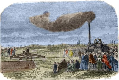 Ångavloppet som uppfanns av Albert Fry (1830? -1903) och John Fowler (1826-1864) under en mekanisk dräneringsoperation nära Versailles. Gravyr från 1856. i "" Vetenskapsmuseet"" av Unknown artist